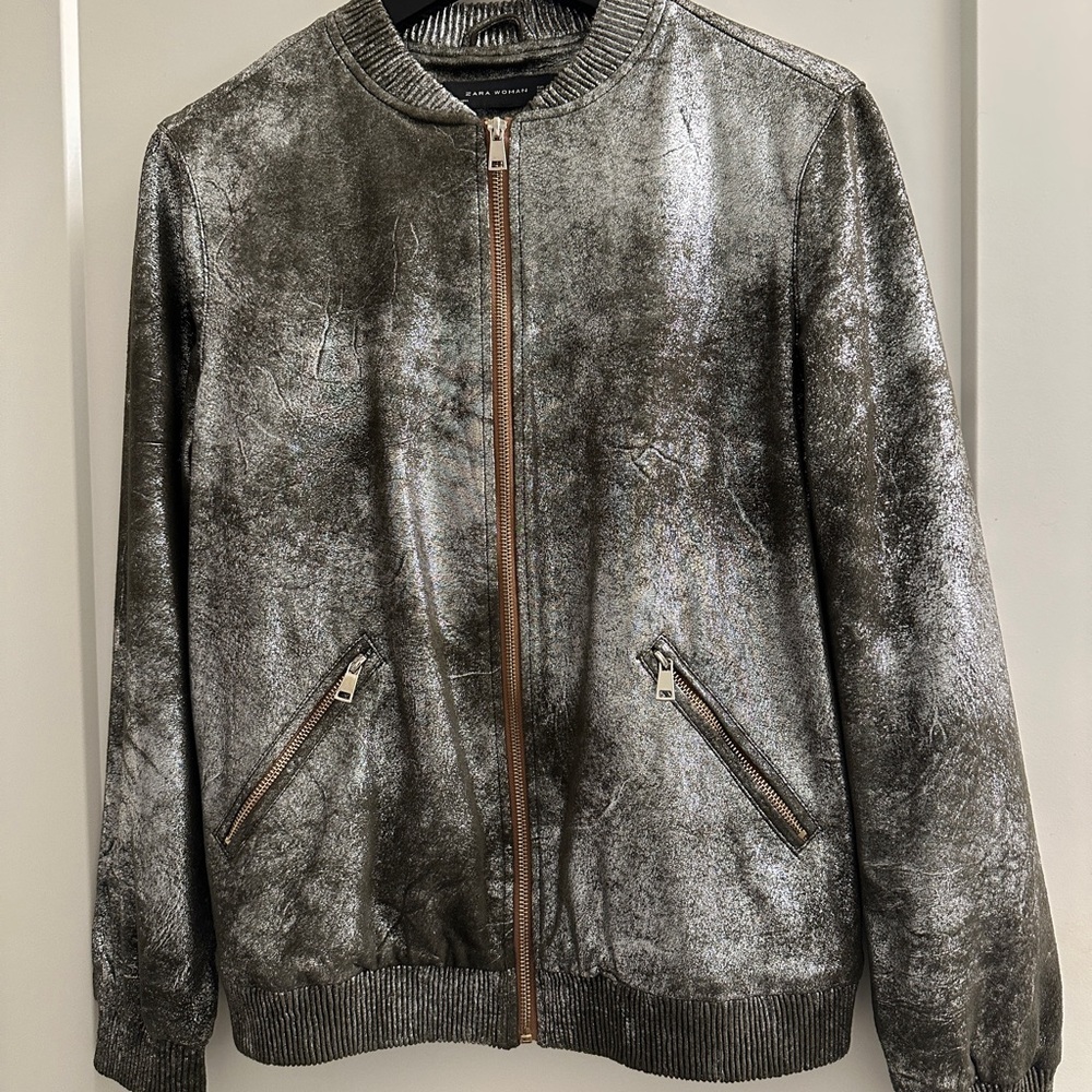 Zara Shimmering Gray Bomber Jacket